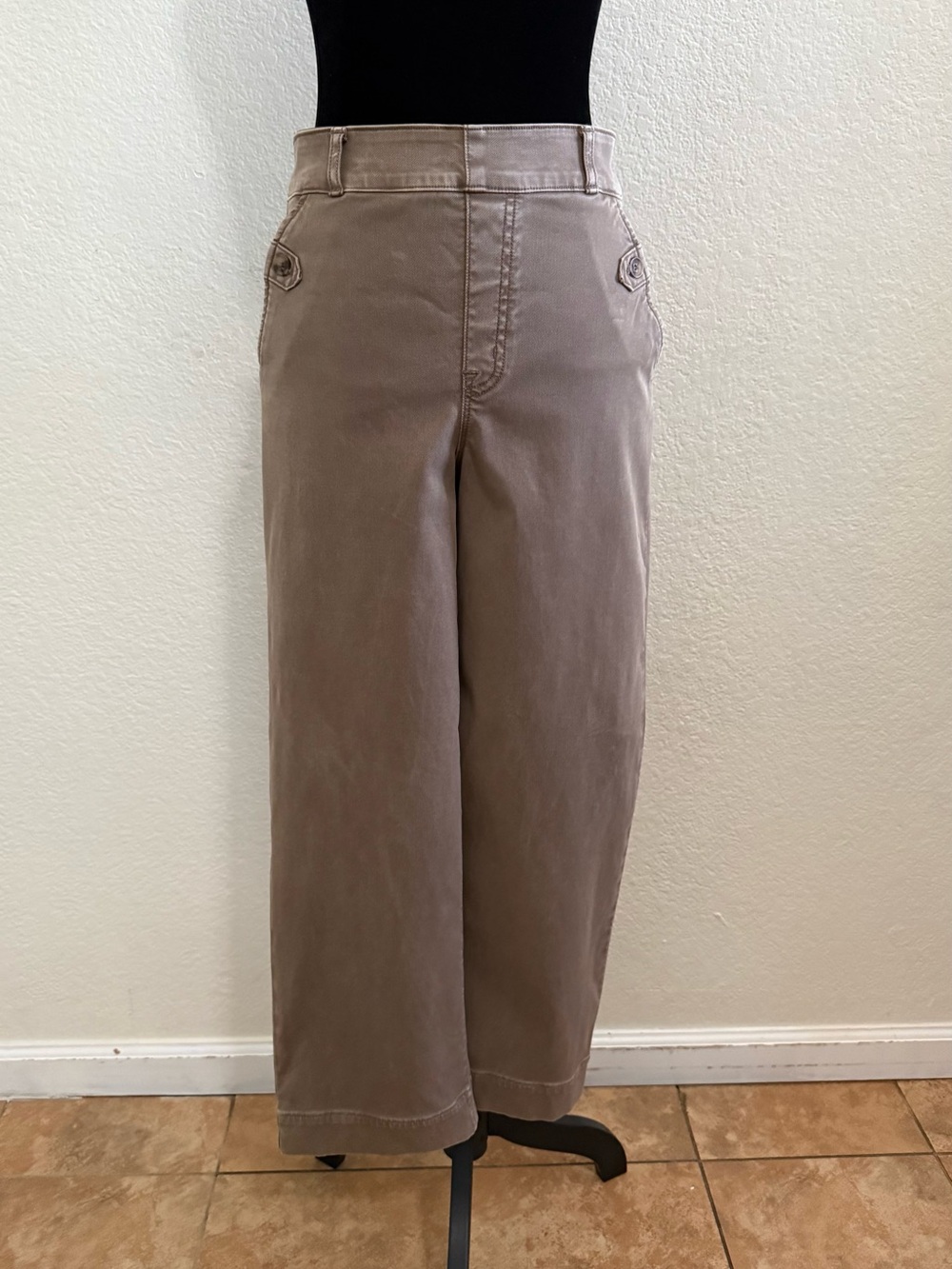 SPANX Stretch Twill Wide Leg Cropped Pants Taupe High Rise Casual Small